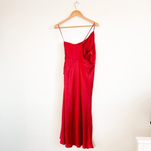 Whyte Valentyne Red Satin Bodycon  Midi Dress Thigh Slit Sz XL/14 - Picture 4 of 6